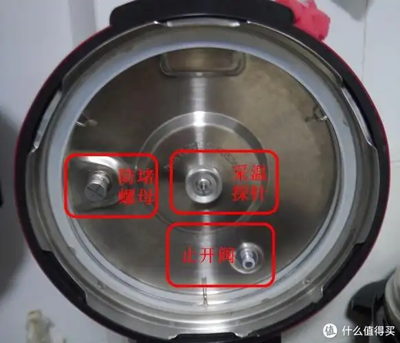 上盖外部(下图8)分布了把手,排气按钮,限压阀以及止开阀口,按下排气