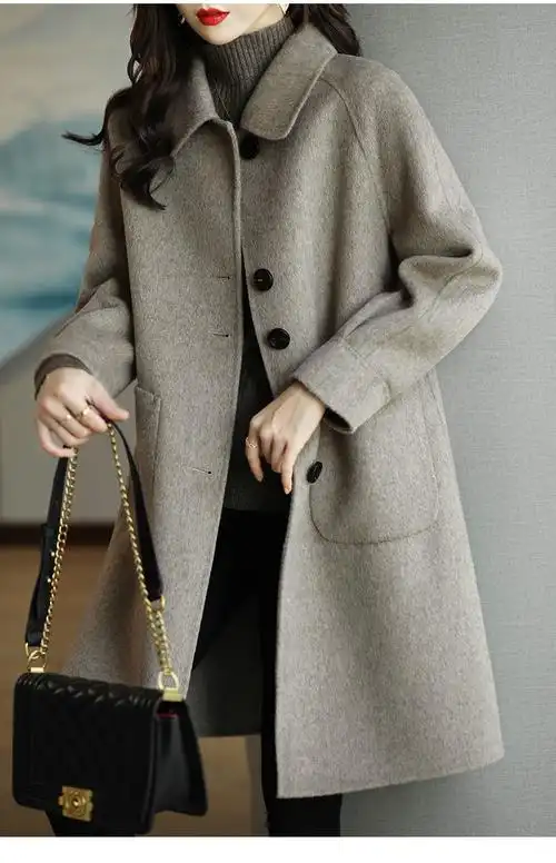加厚中长款毛呢外套女2021秋冬新款小个子韩版修身气质呢子大衣混咖色