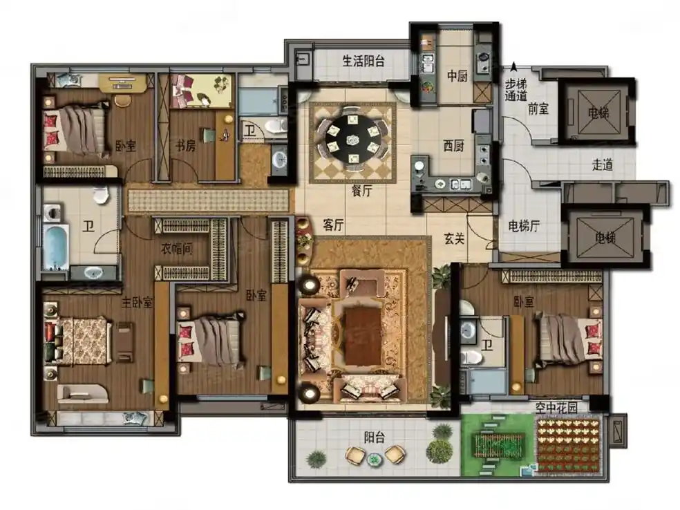 270平米完美居家五室大平层,自带挑空菜园