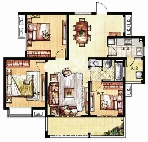户型图 105平米三室两厅一卫 105