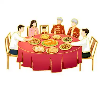 中国风餐桌上一家人一起吃饭手绘png素材元素