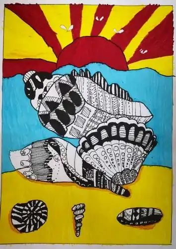 看日出的贝壳儿童画创意