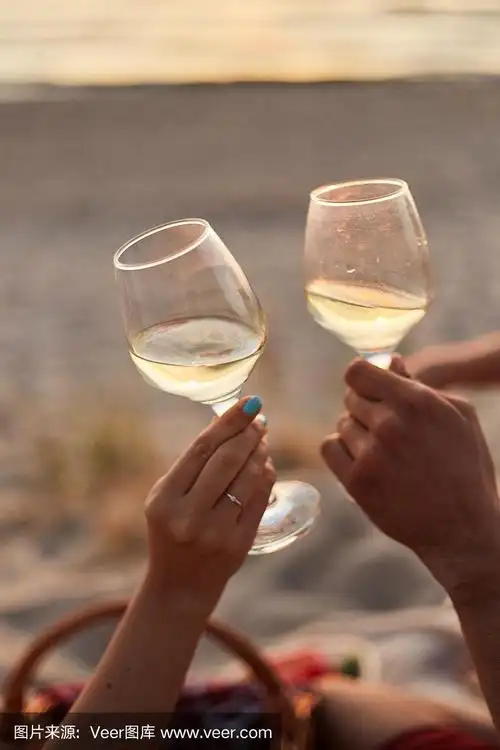 一对情侣在日落时分碰杯香槟