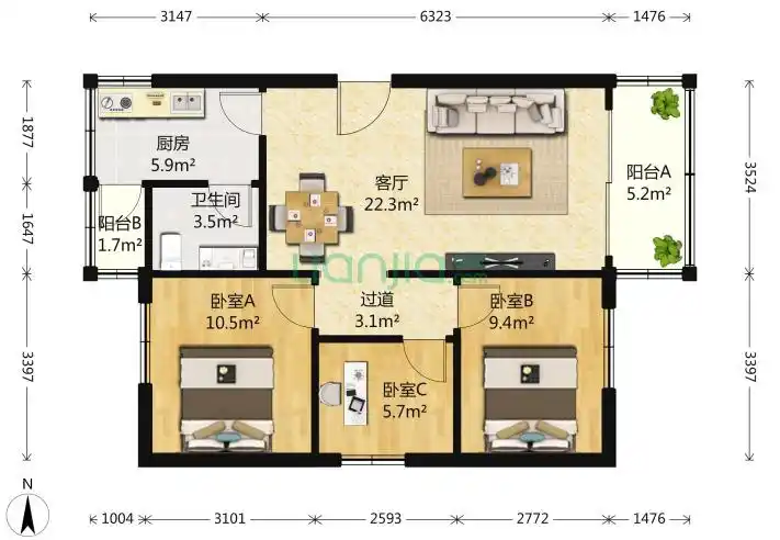 深圳碧海湾花园3室1厅1卫86平米户型图
