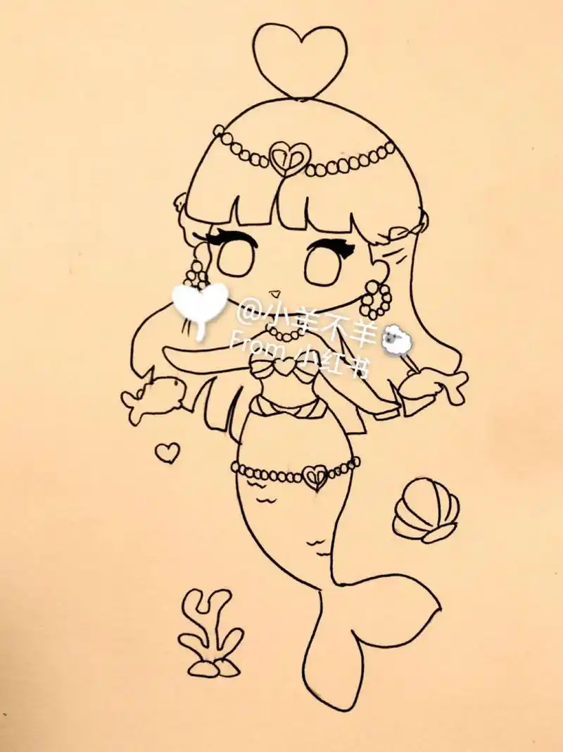 美人鱼黑白简笔画#绘画教程81(附过程) 卡通动漫美人鱼手绘简笔画74