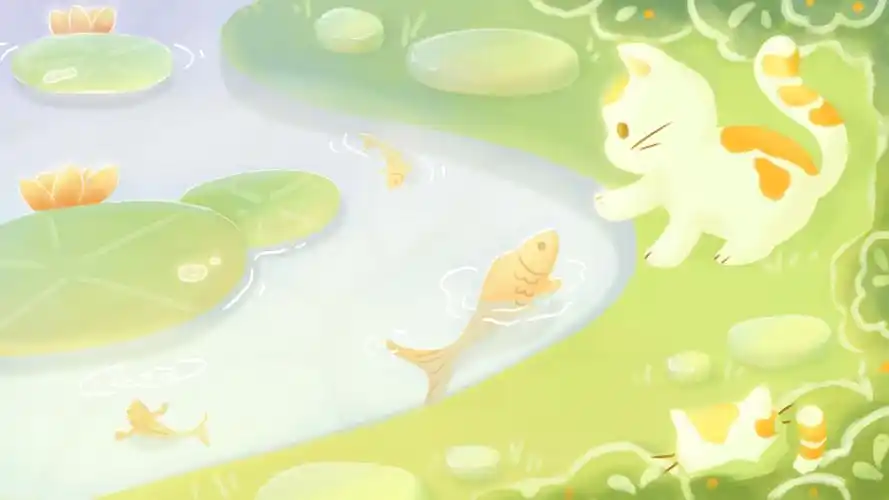 小橘猫和鱼的偶遇(小清新静态壁纸) - 静态壁纸下载 - 元气壁纸