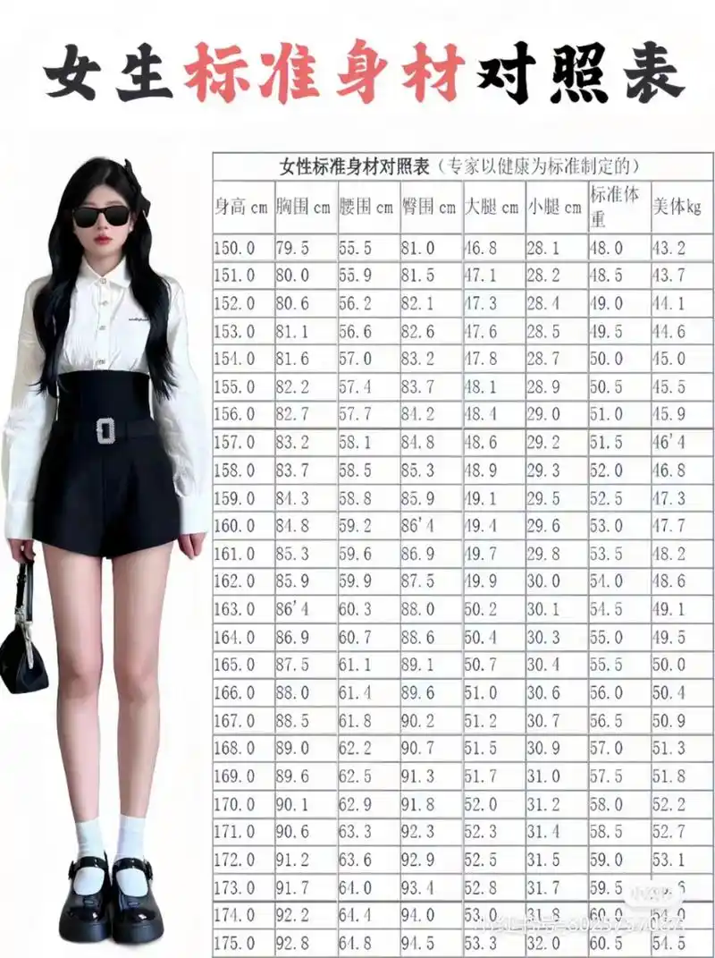 最美女生国际标准身材对照表