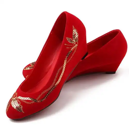 特价新娘婚鞋红色绣花结婚坡跟鞋秀禾服龙凤褂搭配鞋