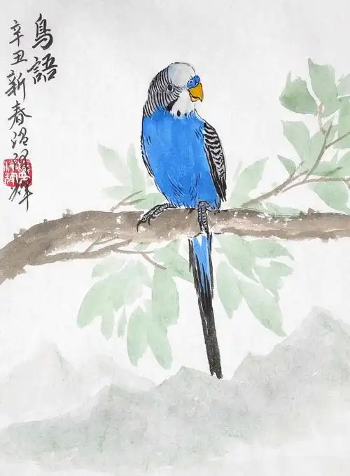 温泽辉水墨画虎皮鹦鹉