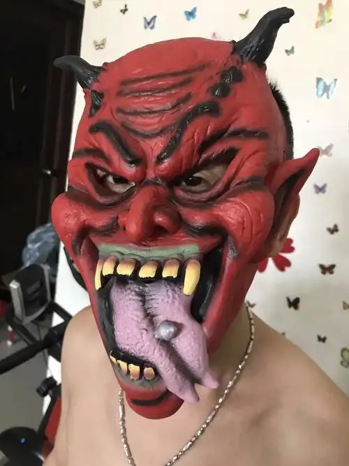 乳胶逼真兽角小夜叉地狱小鬼 万圣节舞会演出道具 恐怖鬼面具