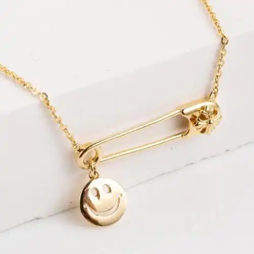 name.s 笑脸曲别针项链ins风精致吊坠锁骨链-金色-其他