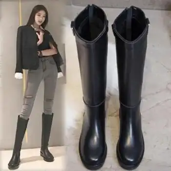 骑马鞋女式靴子中筒长靴秋靴子女骑马女过膝大童鞋靴平底时尚 黑色