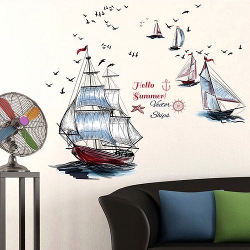 沙发卧室背景墙壁贴画帆船北欧风贴纸海洋主题 【sk9310】彩色帆船
