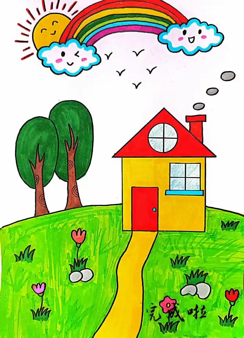 春天里的小房子.#简笔画 跟宝宝一起来用形状画春天里充满生机 - 抖音