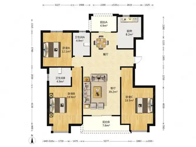 三室二卫 飞机户型 随时看房,国信龙湖世家二手房,175万,3室2厅,2卫