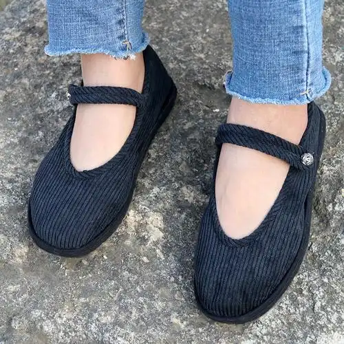 布鞋复古古纯手工千层底黑条绒春夏一字搭扣布鞋