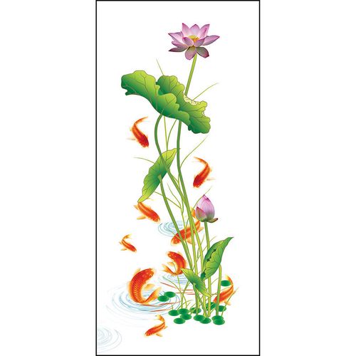 竖式高清精美和气生财荷花九鱼图客厅餐厅床头高端大气墙壁装饰画