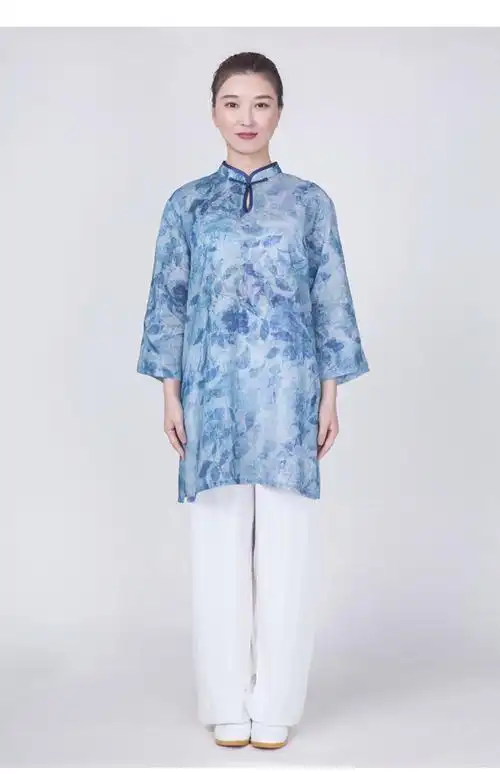 太极服女装新款夏天棉麻苎麻薄太极拳练功服女服装中长款夏季琉璃蓝