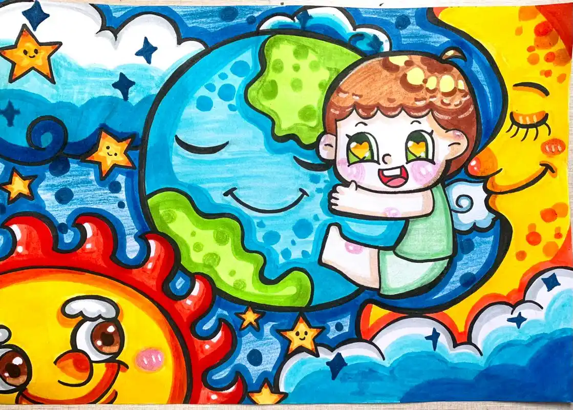 《地球妈妈》|《保护地球》|主题画儿童画 (后滑是线稿版)保护地球