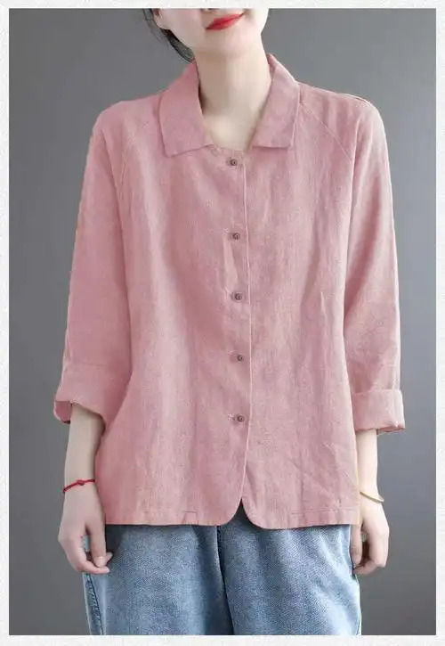 棉麻衬衫女防晒衣百搭女装上衣衬衣领纯色显瘦亚麻外套开衫空调衫