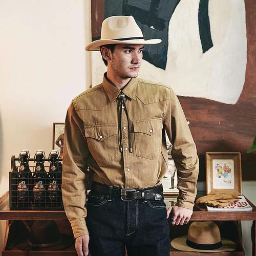 美式复古纯棉重磅春秋阿美咔叽西部硬汉衬衫卡其rl工装衬衣男长袖