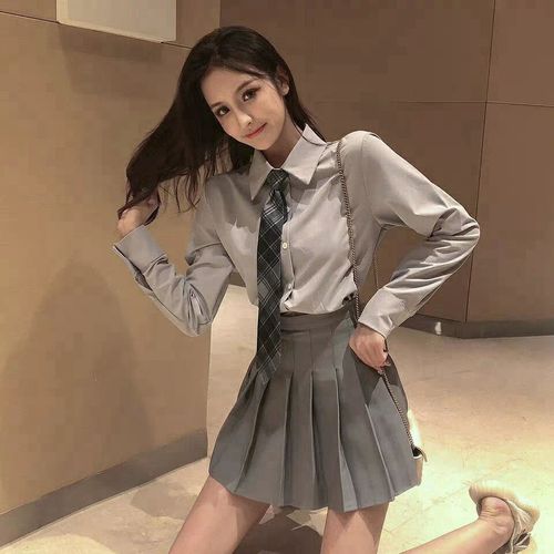 新款百褶裙女春秋新款高端灰色系百褶裙学院风衬衫领带显瘦短裙套装a