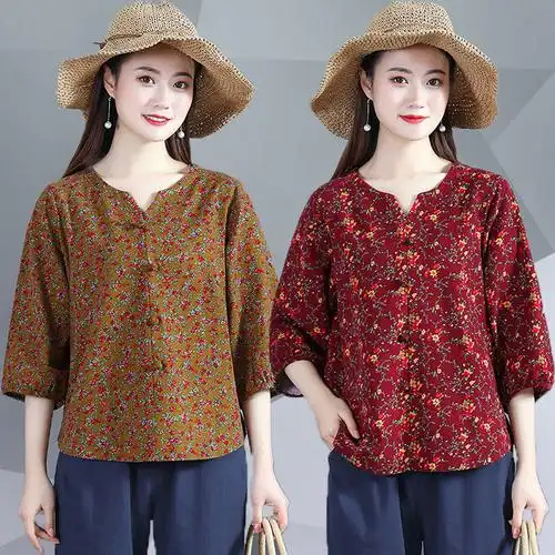 潮流女装 上衣 1件中老年民族风七分袖棉麻衣限量份数:10份 剩余份数