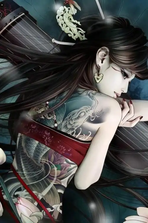 找一张刺青女图粉红色古装的后背一大片刺青的