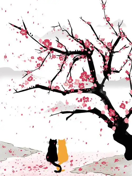 古风唯美樱花浪漫春天猫咪赏花水墨桃花背景