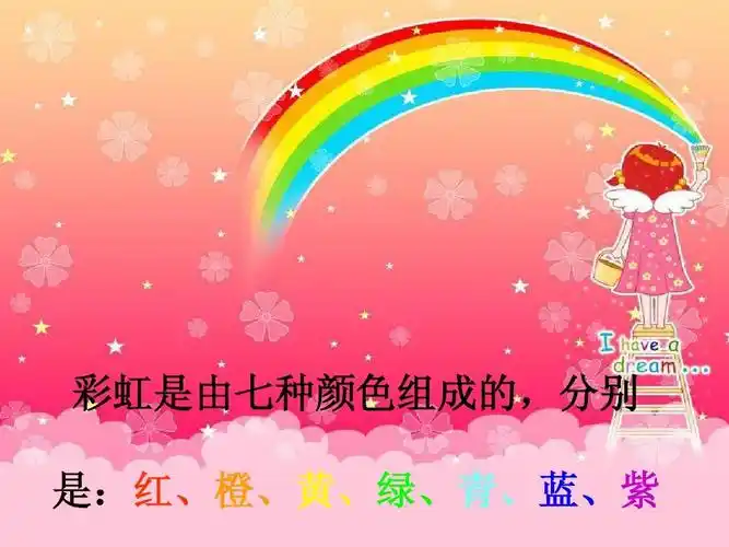 彩虹是由七种颜色组成的,分别 是:红,橙,黄,绿,青,蓝,紫