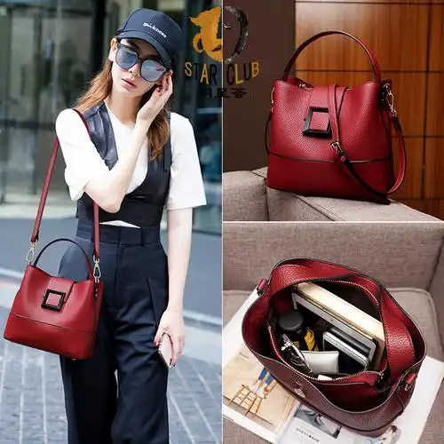 女包包戚薇明星同款韩版百搭单肩斜跨包时尚大容量真皮手提水桶包
