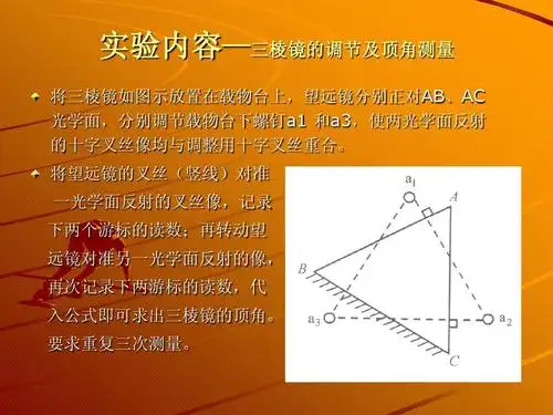 实验内容—三棱镜的调节及顶角测量 将三棱镜如图示放置在载物台上