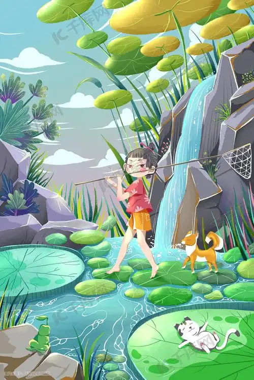 小暑池塘里的夏天清新手绘插画图片-千库网