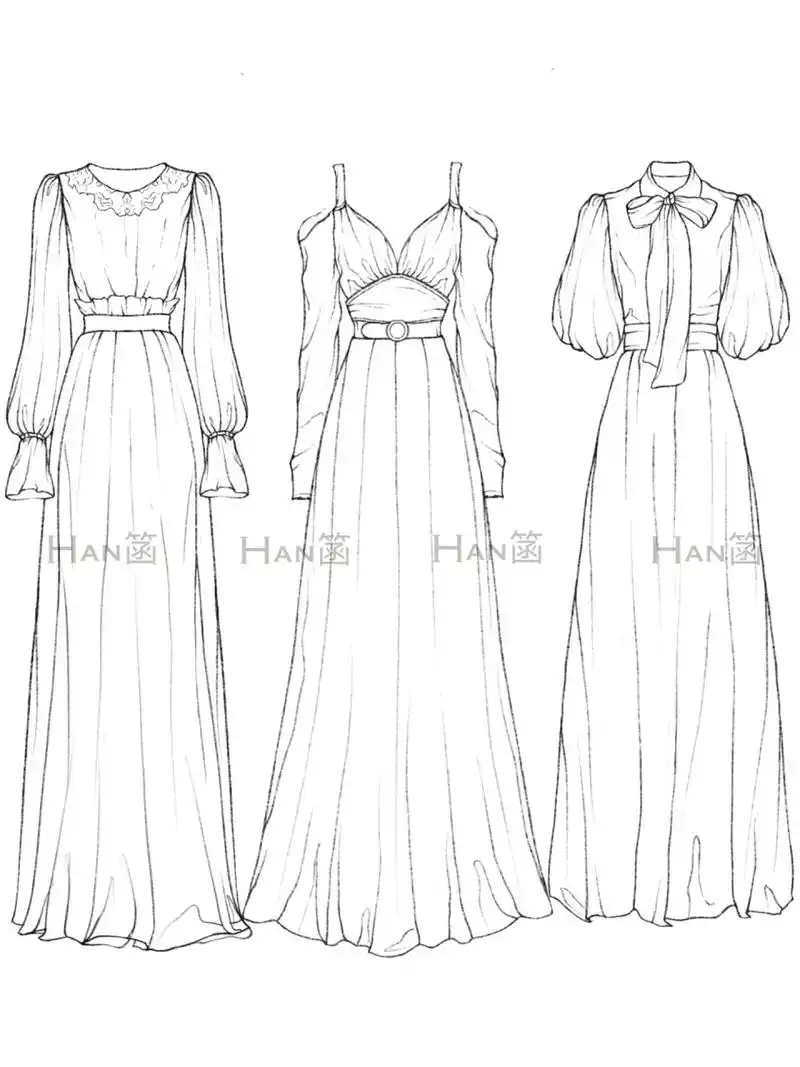 更新来咯～96 先来一组春夏轻盈飘逸的连衣裙线稿图 垂坠质感的款式