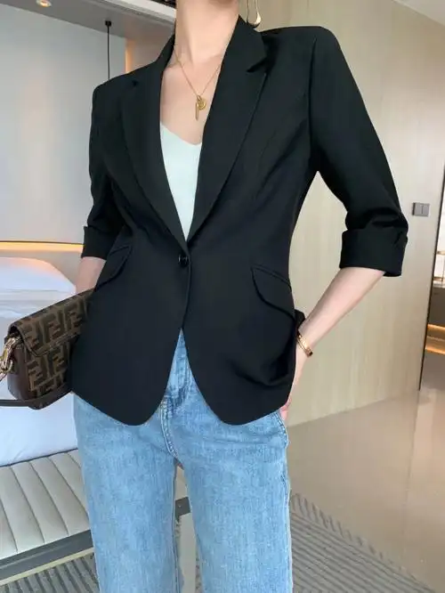 ootd夏季七分袖西装外套通勤日常穿搭