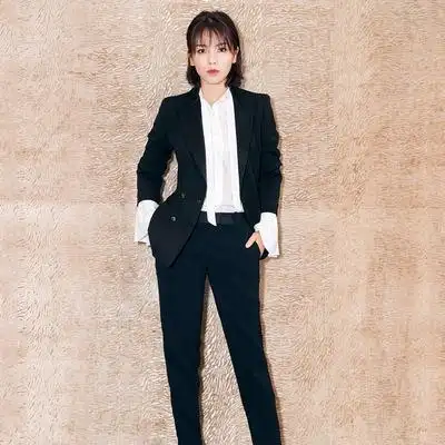 刘涛明星同款纯黑色西装外套女长裤西服套装修身显瘦办公室职业装