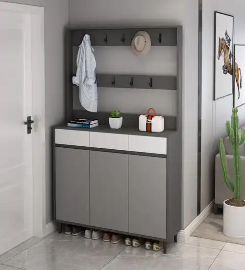 带挂衣板鞋柜意式轻奢鞋柜家用门口门厅柜大容量带挂衣架灰色多功能