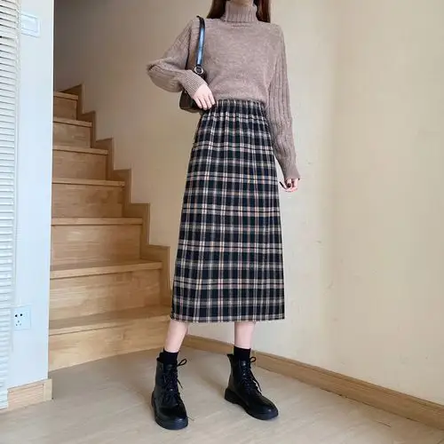 2020秋冬毛呢格子半身裙女新款复古高腰百搭直筒开叉a字裙女潮ins