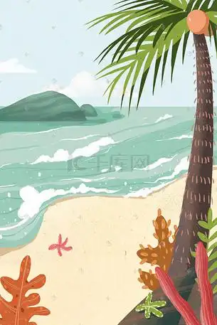 沙滩海边手绘风景