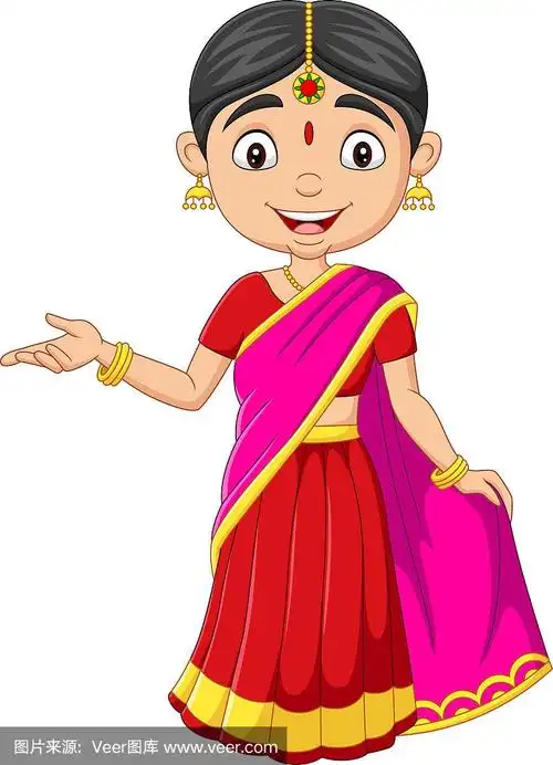 穿着传统服装的卡通印度妇女