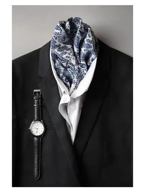 topkicc男士丝巾围脖搭西装衬衫商务桑蚕丝复古中方巾围脖护颈潮腰果