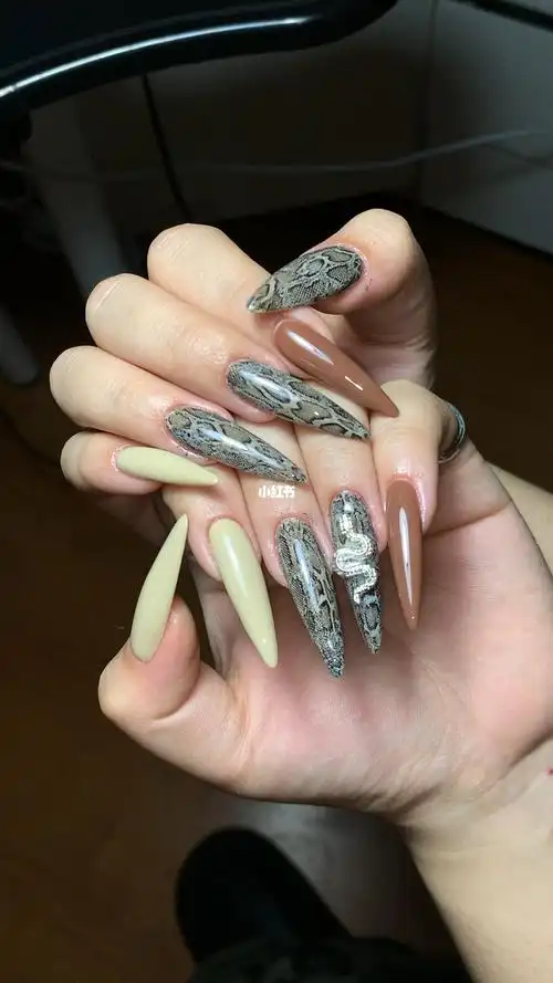 欧美蛇纹跳色美甲长尖型高清视频