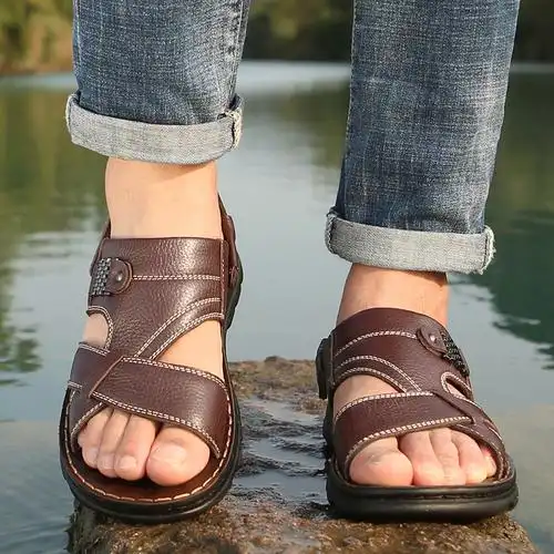 卡森亚凉鞋男士夏季头层牛皮厚底两用凉拖鞋透气皮凉鞋休闲沙滩鞋