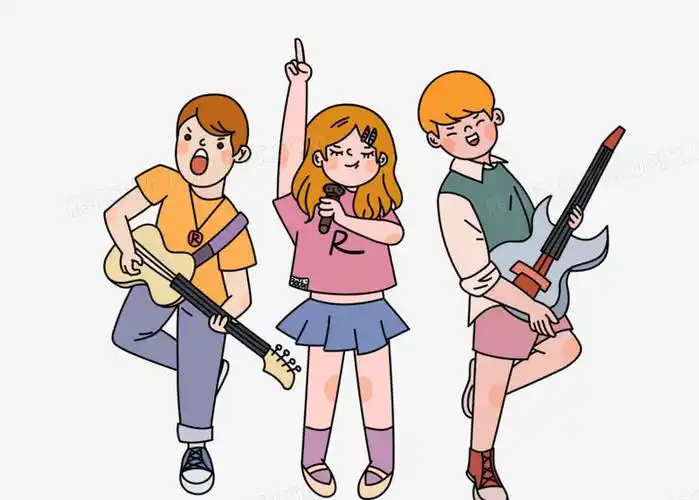 卡通活力五四青年节狂欢rock派对演唱吉他乐队青年少女手绘元素