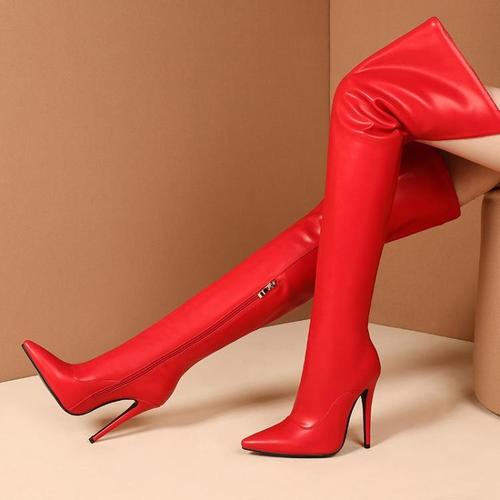 定制胖mm过膝靴子加宽大筒围超高跟红色长筒靴t台走秀表演大腿靴