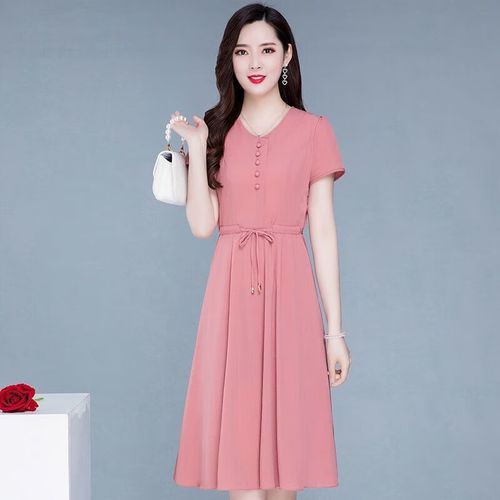 栩欧热天穿的中年洋气质连衣裙女显瘦粉色中长款遮肚气质棉冰 粉色 m