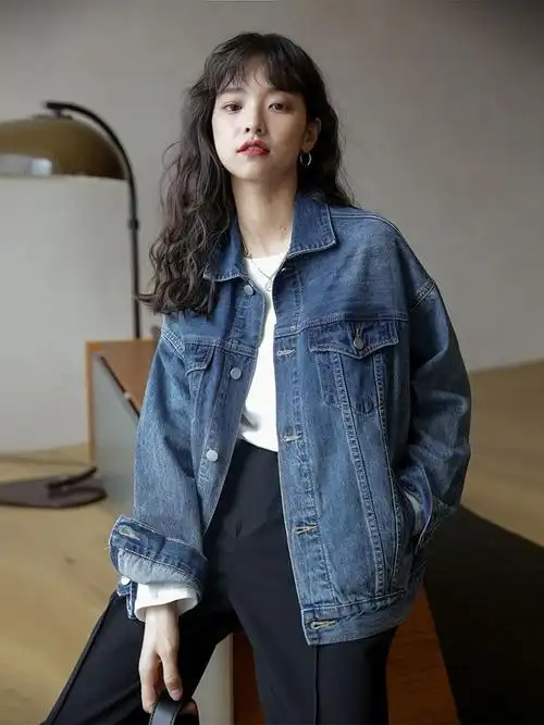 法式复古港味牛仔外套女2021秋季新款潮宽松韩版bf百搭深色牛仔衣