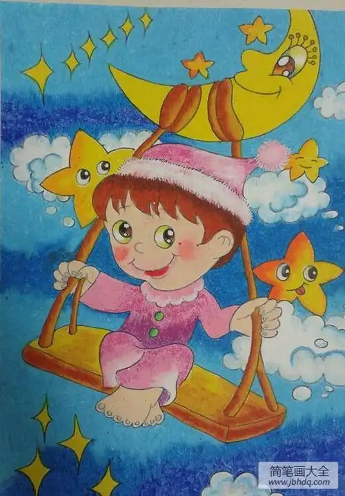 简笔画大全 儿童画 节日 中秋节儿童画 在中秋节的晚上,一家人赏完月