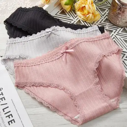 enk3条装春夏中腰性感蕾丝女士三角裤纯色棉质裆短裤女士内裤女
