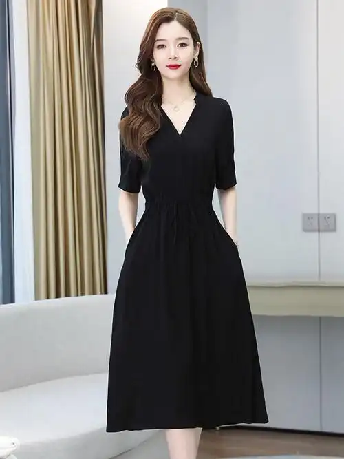 2021新款夏微胖显瘦黑色晚礼服连衣裙女高高档裙子连衣裙